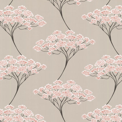 Fine Décor Banyan Tree light Grey & Coral Wallpaper
