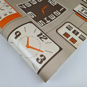 Fine Décor Distinctive Klox Sidewall Beige Orange Clocks Wallpaper