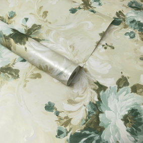 Fine Décor Jasmine Cream, Green & Gold Pearlescent Wallpaper