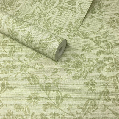 Fine Décor Joliet Sage Green Floral Damask Wallpaper