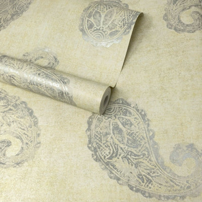 Fine Décor Kashmir Yellow Cream & Silver Floral Paisley Wallpaper