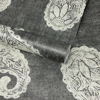 Fine Décor KJ Azmaara Kashmir Charcoal Grey Paisley Wallpaper