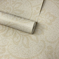 Fine Décor Lupus Sand Beige & Ivory Cream Geometric Floral Damask Wallpaper