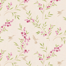 Fine Décor Maison Chic Hummingbird LFinen Pink Floral Wallpaper