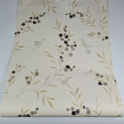 Fine Décor Maison Chic Hummingbird Natural LFinen Floral Wallpaper ...