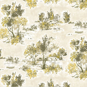Fine Décor Maison Chic Toile Mustard Grey Floral Wallpaper