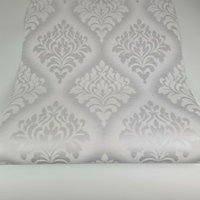 Fine Décor Orion Silver & White Floral Damask Wallpaper