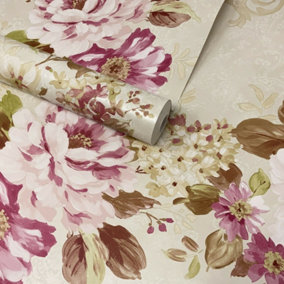 Fine Décor Rosemore Alexandra Scroll Pink & Ivory Pearlescent Wallpaper
