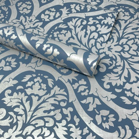 Fine Décor Sandringham Blue & Silver Grey Floral Damask Wallpaper
