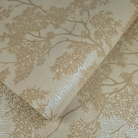 Fine Décor Woodland Trees Gold & Beige Taupe Embossed Wallpaper