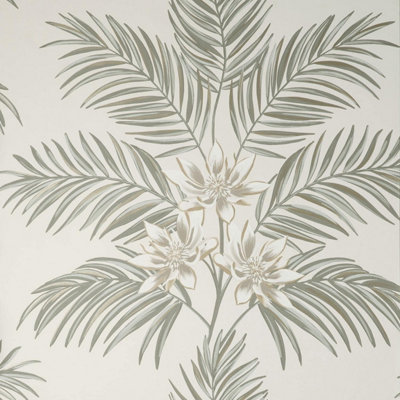 Fine Decor Bali Floral Cream Grey Leaves and Botanical Flowers Palm Tropical Jungle Modern Metallic Gold Wallpaper FD43279
