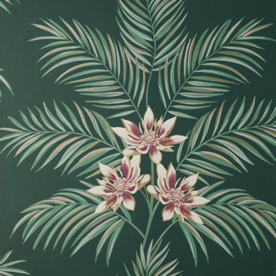 Fine Decor Bali Floral Leaves Dark Green Wallpaper Botanical Flowers Modern