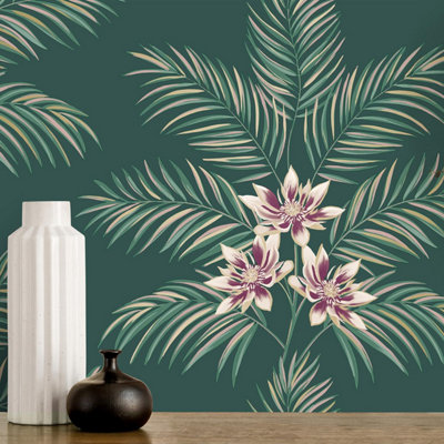 Fine Decor Bali Floral Leaves Dark Green Wallpaper Botanical Flowers Modern
