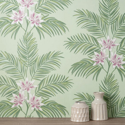 Fine Decor Bali  Floral Palm Tropical Leaves Mint Green Wallpaper FD43278