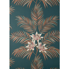 Fine Decor Bali Tropical Floral Teal Peacock Wallpaper FD43280