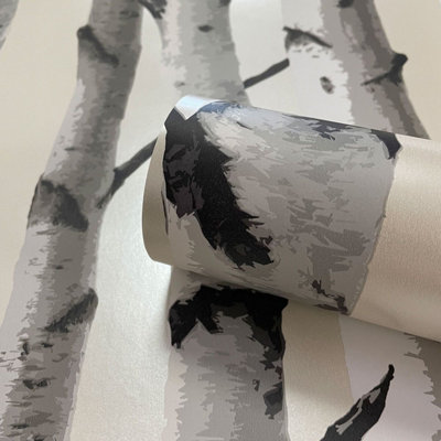 Fine Decor Birch Trees Wallpaper - Cream and Silver