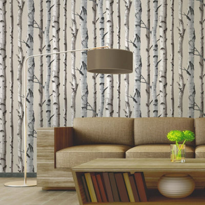 Fine Decor Birch Trees Wallpaper - Cream and Silver