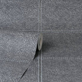 Fine Decor Camden Stitch Charcoal Grey Tile Leather Effect Wallpaper FD42993