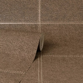 Fine Decor Camden Stitch Mocha Brown Tile Leather Effect Wallpaper FD42992