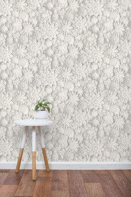 Papier Peint 3D Floral Fine Decor - Motif Fleurs Gris - Référence FD42691 - Effet Relief Décoratif