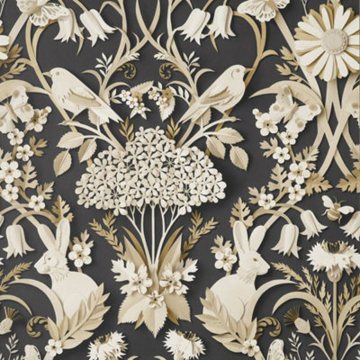 Fine Decor Dimensions Woodland Animals Floral 3D Charcoal Wallpaper FD42948
