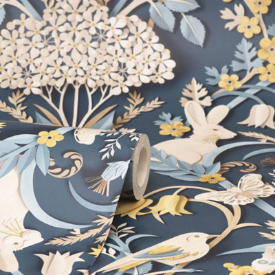 Fine Decor Dimensions Woodland Animals Floral 3D Effect Navy Wallpaper FD42950