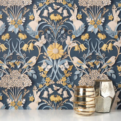 Fine Decor Dimensions Woodland Animals Floral 3D Effect Navy Wallpaper FD42950
