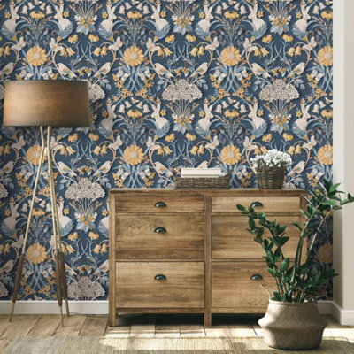 Fine Decor Dimensions Woodland Animals Floral 3D Effect Navy Wallpaper FD42950