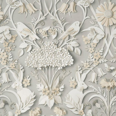 Fine Decor Dimensions Woodland Animals Floral 3D Soft Grey Wallpaper FD42952