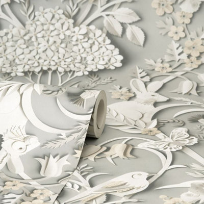 Fine Decor Dimensions Woodland Animals Floral 3D Soft Grey Wallpaper FD42952
