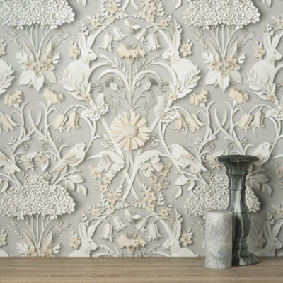 Fine Decor Dimensions Woodland Animals Floral 3D Soft Grey Wallpaper FD42952