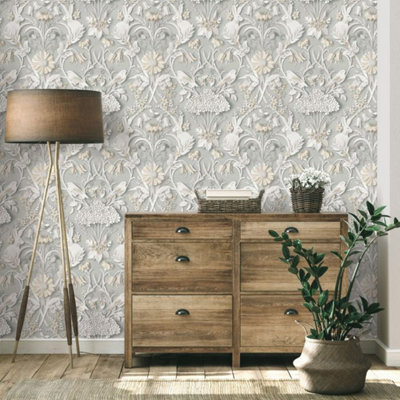 Fine Decor Dimensions Woodland Animals Floral 3D Soft Grey Wallpaper FD42952