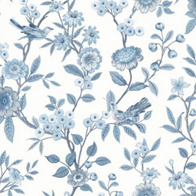 Fine Decor Eleanor Floral Birds Blue Wallpaper Flowers Botanical Feature Wall