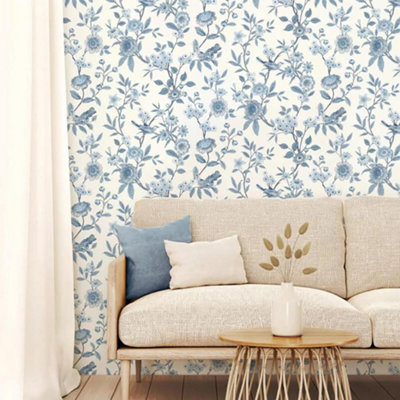 Fine Decor Eleanor Floral Birds Blue Wallpaper Flowers Botanical ...