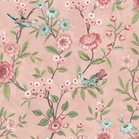 Fine Decor Eleanor Floral Birds Pink Wallpaper Flowers Botanical Feature Wall