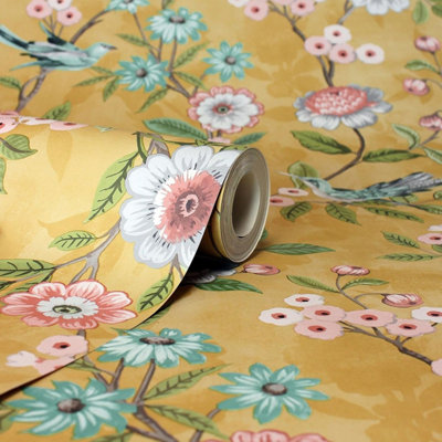 Fine Decor Eleanor Floral Botanical Birds Yellow Ochre Wallpaper - FD43446