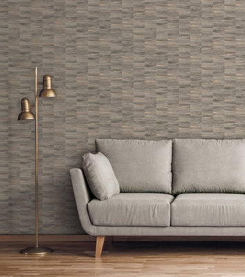 Fine Decor FD24900 Metallic Wood Wallpaper, Natural/Copper