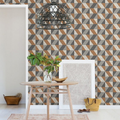 Fine Decor FD25312 Cork Triangles Wallpaper, Copper/Grey