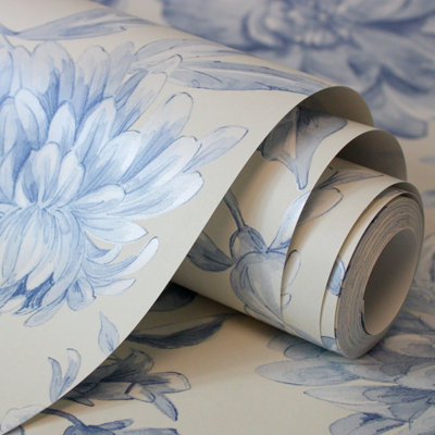 White And Blue Floral Wallpaper Roll