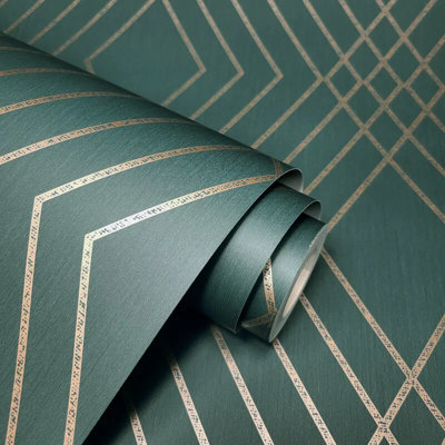 Fine Decor FD43613 Shard Trellis Emerald/Gold Metallic Wallpaper