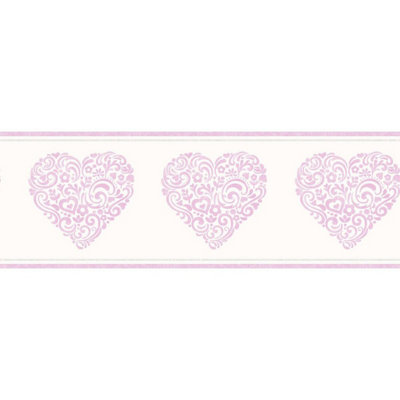 Fine Decor Girls Cream Metallic Pink Floral Love Heart Modern Wallpaper Border