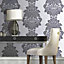 Fine Decor Glitter Damask Grey Blue Wallpaper Floral Embossed Paste The Wall