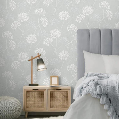 Fine Decor Grace Allium Grey Silver Wallpaper Floral Metallic Textured Vinyl