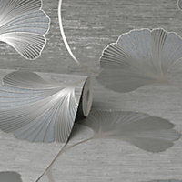 Fine Decor Miya Ginko Leaf Grey Wallpaper FD43149