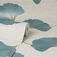 Fine Decor Miya Ginko Leaf Teal Green Wallpaper FD43151