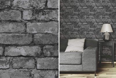 Fine Decor Rustic Brick Effect Charcoal Silver Grey Feature Wallpaper