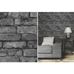Fine Decor Rustic Brick Effect Charcoal Silver Grey Feature Wallpaper