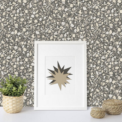 Fine Decor Terrazzo Black Wallpaper Metallic Effect Textured Paste The Wall