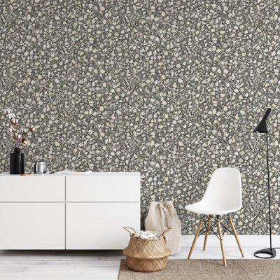 Fine Decor Terrazzo Black Wallpaper Metallic Effect Textured Paste The Wall