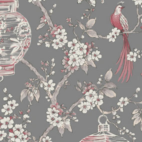 Fine Decor Vymura Oriental Birds Grey Wallpaper Floral Trendy Feature Wall